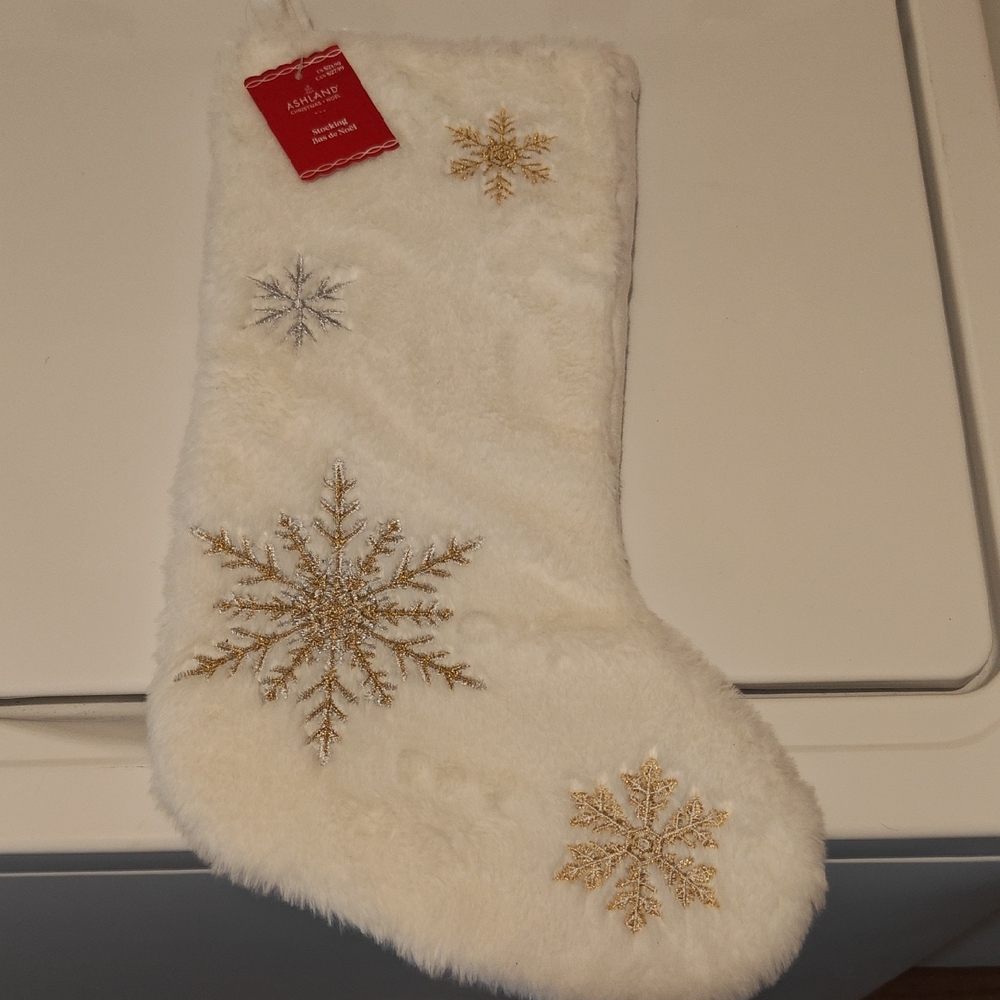 Ashland White Faux Fur Holiday Stocking with Gold Snowflake Embroidery